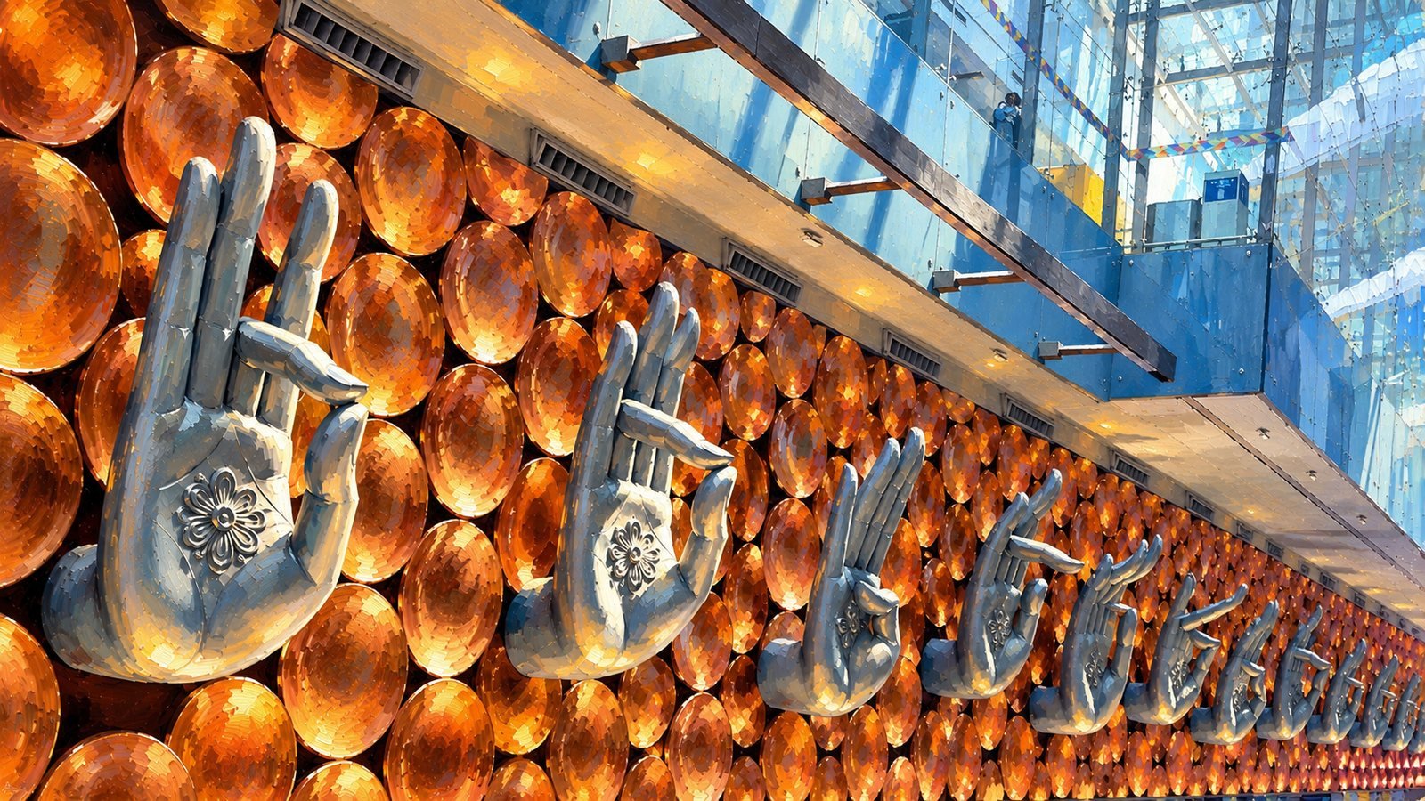 Row of large silver mudra hands mounted on a wall of glowing copper discs beneath a glass atrium, painted in a bold artistic style